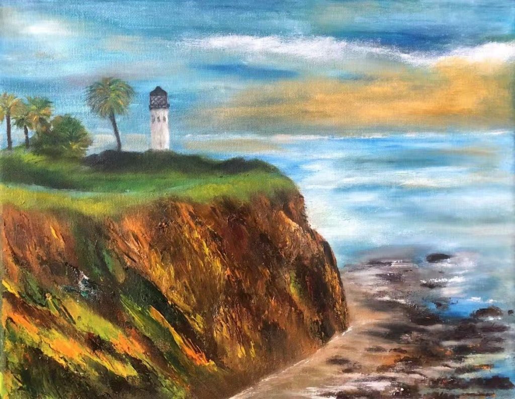 Adult student landscape painting with a lighthouse by the sea