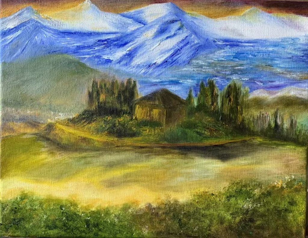 Adult student landscape painting with blue mountains
