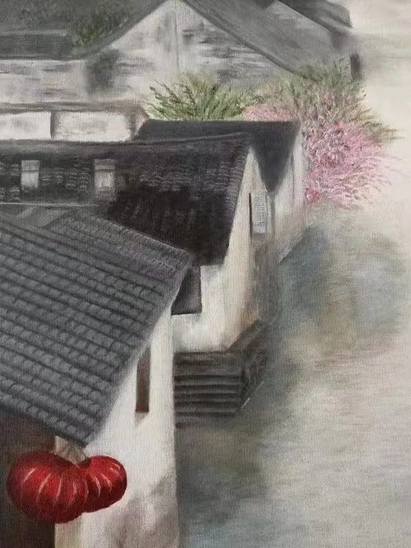 Adult student painting of traditional waterside houses